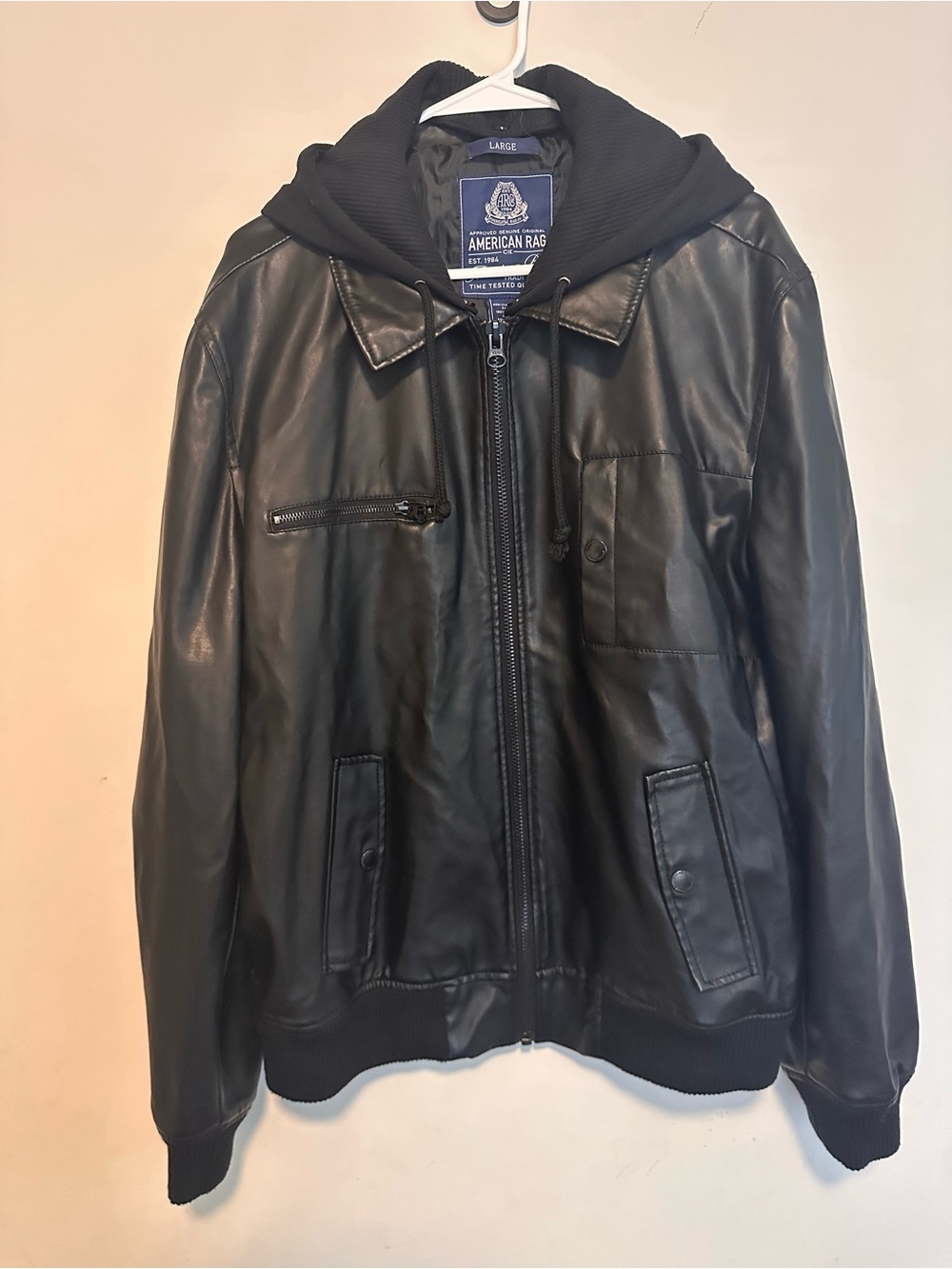 American Rag Black Faux Leather Hooded Bomber Jacket - Picture 1 of 5